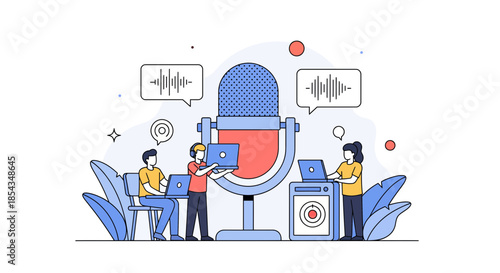 Recording studio concept with microphone and people working on audio.