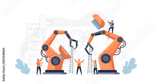 Robotic arms being assembled by engineers in a modern factory setting automation.