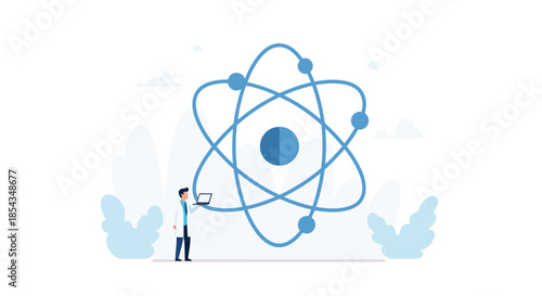 Scientist analyzing atom structure with laptop studying atomic particles science concept.