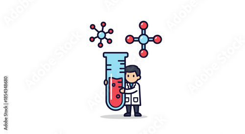 Scientist holding a test tube with molecules and chemical analysis.
