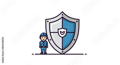 Security guard stands beside a large shield protecting against threats and dangers.