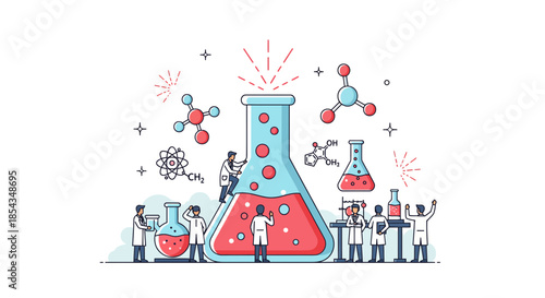 Scientists working in a laboratory with chemical reactions and molecules.