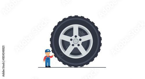 Tiny mechanic stands beside a massive tire ready for work automotive concept.