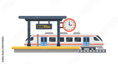 Train station with a train clock and platform ready for passengers to board.