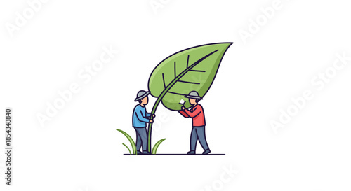 Two individuals holding a massive green leaf symbolizing environmental care and teamwork.