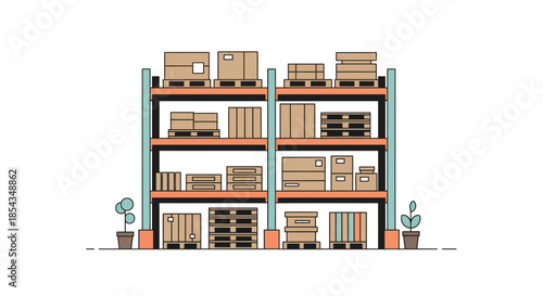 Warehouse storage shelves filled with various cardboard boxes and pallets ready for distribution.