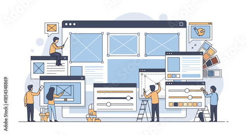 Website design and development process with people working on screens.