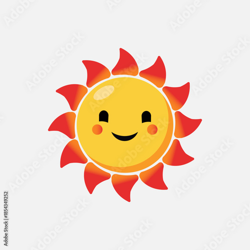 Cute cartoon sun with a happy face and red-orange rays, isolated on white background