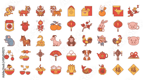 Chinese Zodiac Animals & Lunar New Year Icons - Vector Illustration
