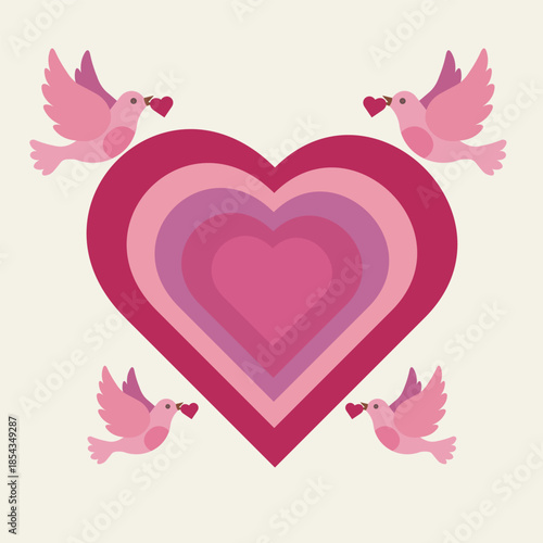 Four pink doves carrying hearts fly around a large pink heart on a light background