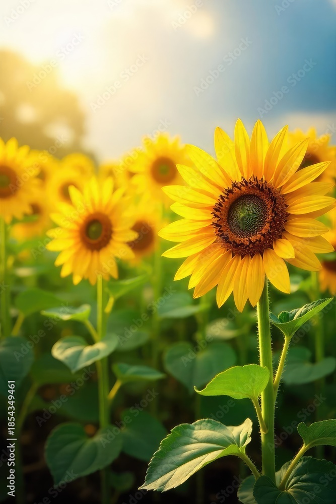 Obraz premium A vibrant field of sunflowers basking in the golden sunlight, their tall stalks swaying gently in the breeze Perfect for summer, nature, and agriculture themes , head, sunny