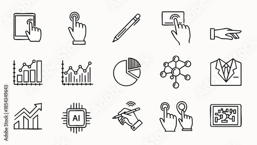 Collection of modern line icons representing technology, business, data analysis, and artificial intelligence for digital use