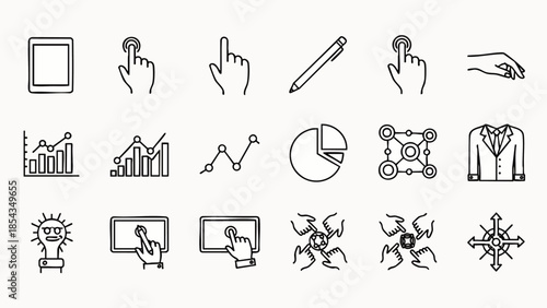 Collection of Hand-Drawn Icons Representing Technology, Business, and Data Analysis Concepts