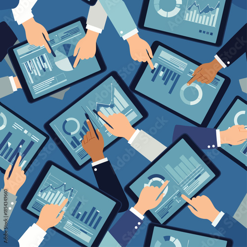 Multiple hands pointing at tablet screens displaying financial charts and graphs, representing data analysis and business strategy.
