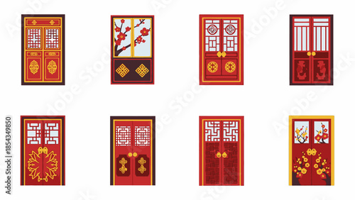 Collection of Traditional Chinese Red Doors with Ornate Designs, Festive Decorations