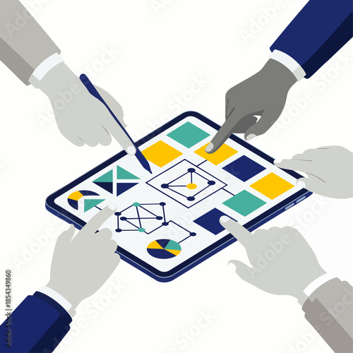 Hands of diverse people collaborating on a digital tablet, analyzing data and developing business strategy, representing teamwork, technology, and innovation.