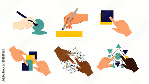 Diverse hands interacting with digital interfaces, creative tools, and technology concepts. Flat vector illustrations for UI/UX, teamwork, and modern communication.