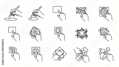 Vector line art icons illustrating various hand gestures for touch screen devices. Essential UI/UX elements for mobile and tablet interactions: tap, swipe, pinch, zoom.