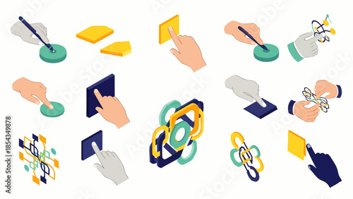 Isometric digital interaction icons set. Hands touching screens, pressing buttons, and manipulating abstract tech elements, representing modern UI/UX design.