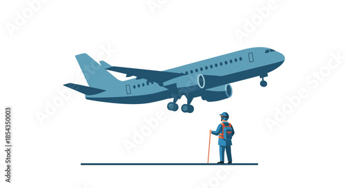 Airplane soaring high above a person representing travel and aviation concepts.