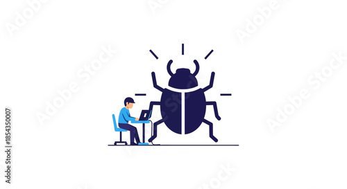 A programmer is debugging a software bug with a giant insect.