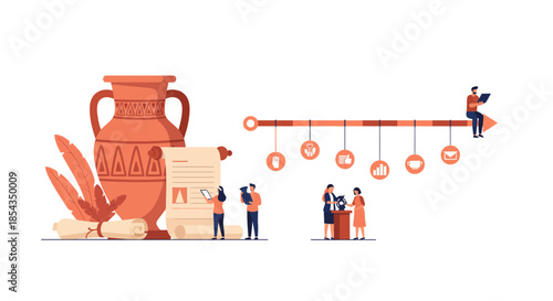 Ancient artifacts and historical timeline with people exploring the past.