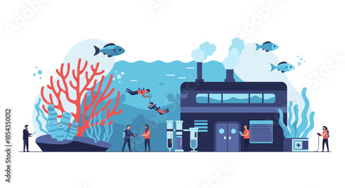 Aquarium building with fish and coral reef people observing marine life.