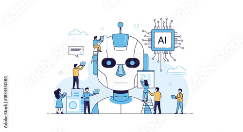 Artificial intelligence development team working on a giant robot head.