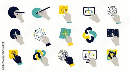 Collection of flat design icons representing hand gestures interacting with digital interfaces and abstract shapes
