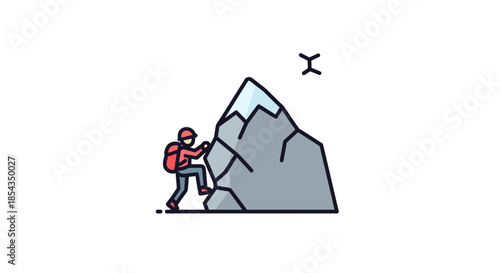 Adventurous hiker climbing a rugged mountain peak with determination and focus.