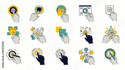 Set of flat design icons representing hand gestures for touch screen interaction, digital interface, and user experience.