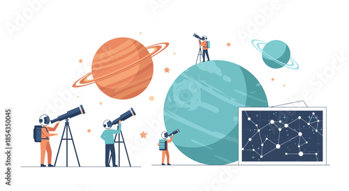 Astronomers observing planets with telescopes studying celestial bodies in space.
