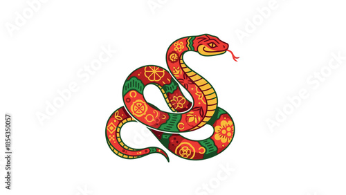 Ornate Snake Illustration with Floral Patterns, Red and Green