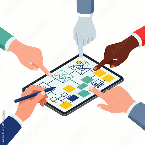 Diverse team collaborating on a digital tablet, pointing at flowcharts and data analytics for business strategy and planning