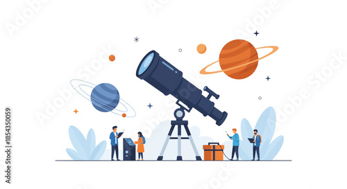 Astronomical telescope observing planets and stars with people around.