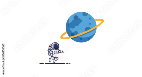 Astronaut exploring space observing a blue planet with a golden ring space exploration concept.