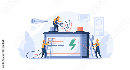 Battery maintenance and repair illustration with technicians working on it.