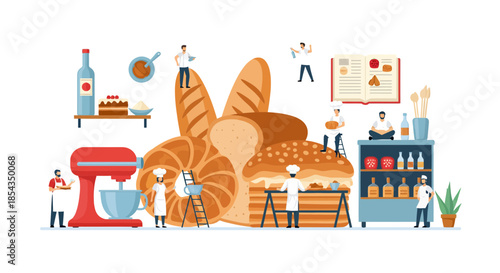 Bakery scene with various breads and chefs working together to create delicious baked goods.