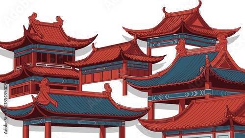 Traditional Chinese Pagoda Architecture with Red and Blue Roofs