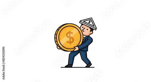 Businessman carrying a large golden coin representing financial success and wealth.