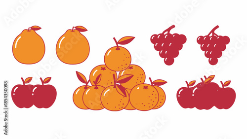 Variety of fresh fruits illustration: apples, oranges, grapes on white background
