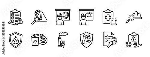 Health, Safety, and Environment icon set outline collection, contains Risk Assessment, Hazard Identification, Safety Training, Emergency Response Plan, Workplace Safety Inspection