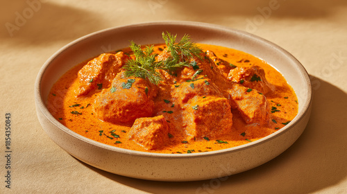 Modern Indian butter chicken, centered hero shot, clean ceramic plate