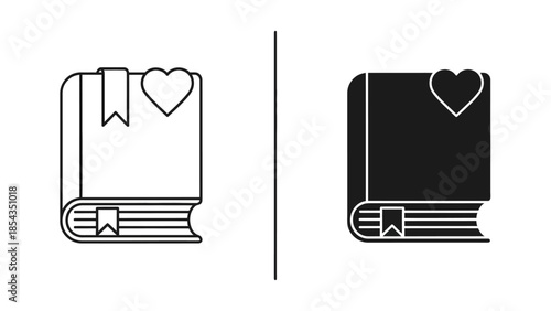 Black and white illustrations of books with heart-shaped bookmarks on a clean background