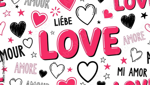 A vibrant display of love-themed graphics and typography featuring hearts and affectionate words