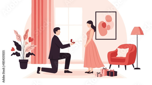 Man proposing to woman in a cozy living room with elegant decorations and soft lighting