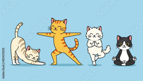 Four cats practicing yoga poses together in a serene environment