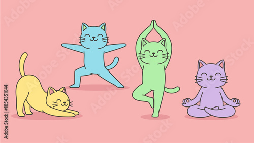 Four cats in various yoga poses on a soft pink background