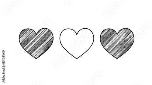 Three hand drawn hearts on a clean background showcasing love and affection