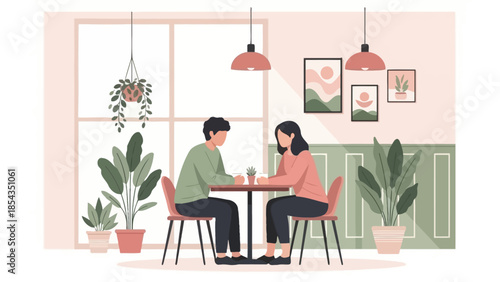 Couple Enjoying Coffee Together in a Serene Indoor Setting with Decorative Plants